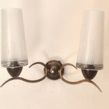 Two-light wall sconce in gilded metal with opaque glass shades, 1950/1960