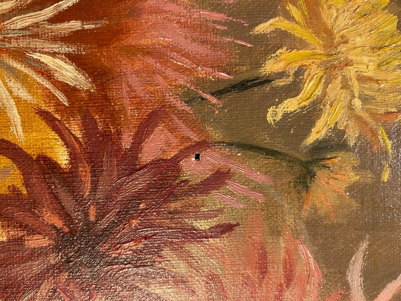 Old painting, still life with Dahlias, signed E Boudet late nineteenth century.