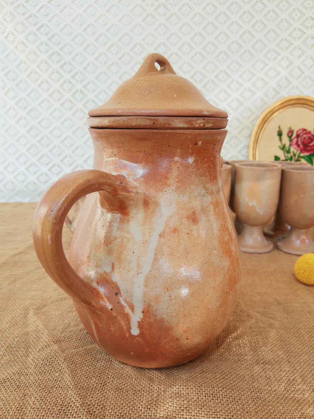 Vintage stoneware 8 mazagrans teapot and milk jug set