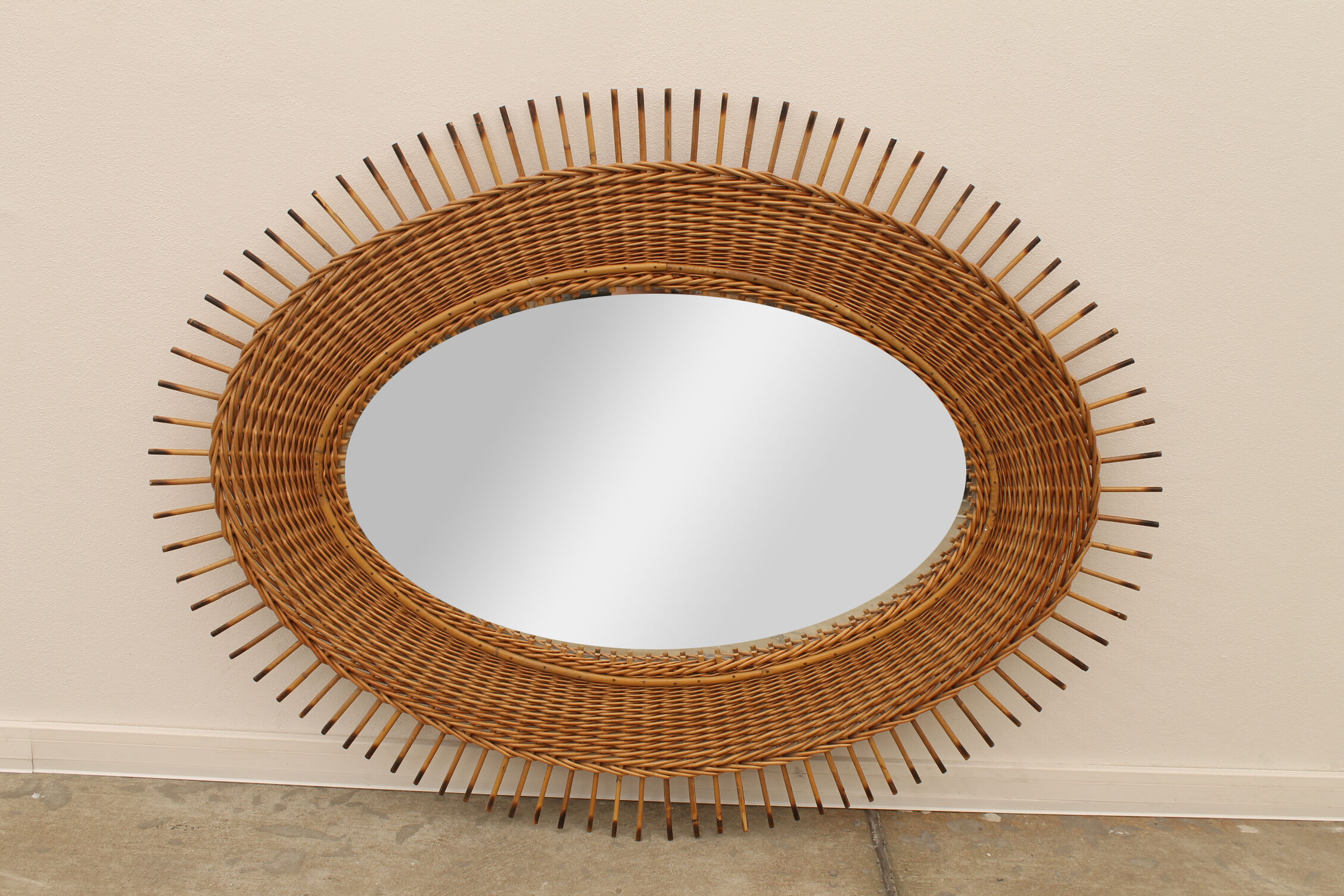 Midcentury rattan mirror by Jan Kalous for Úluv 1960s, czechoslovakia 85x55cm