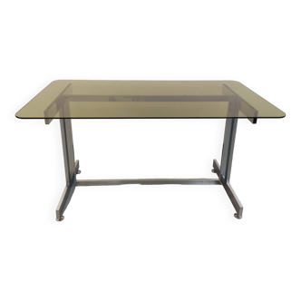 Vintage desk or dining table in smoked glass and chrome metal from the 70s