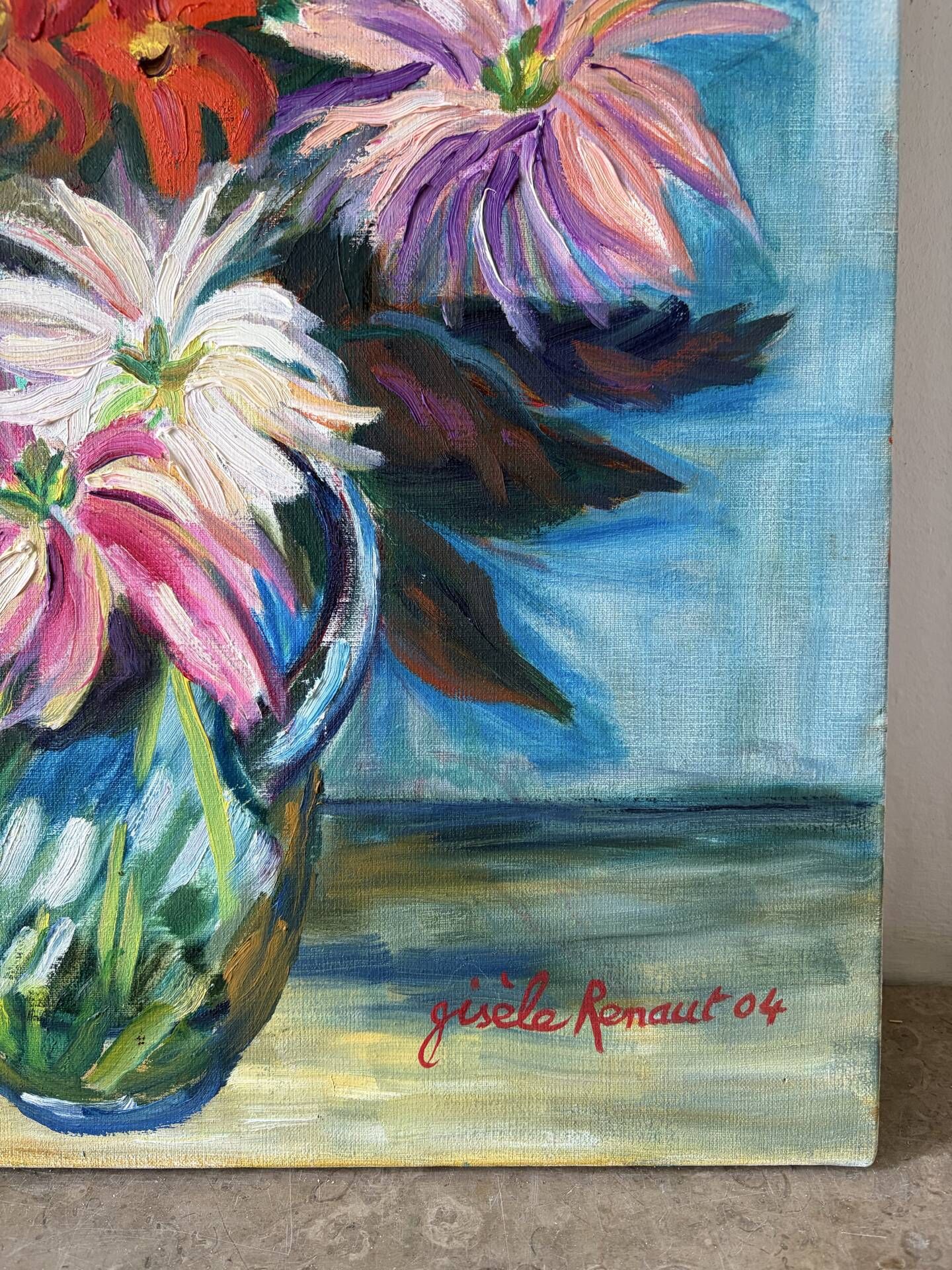 Dahlias and Zinnias, oil on canvas signed Gisèle Renaut