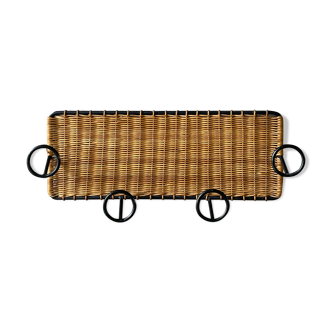 French vintage coat rack in rattan and black metal, 1950s