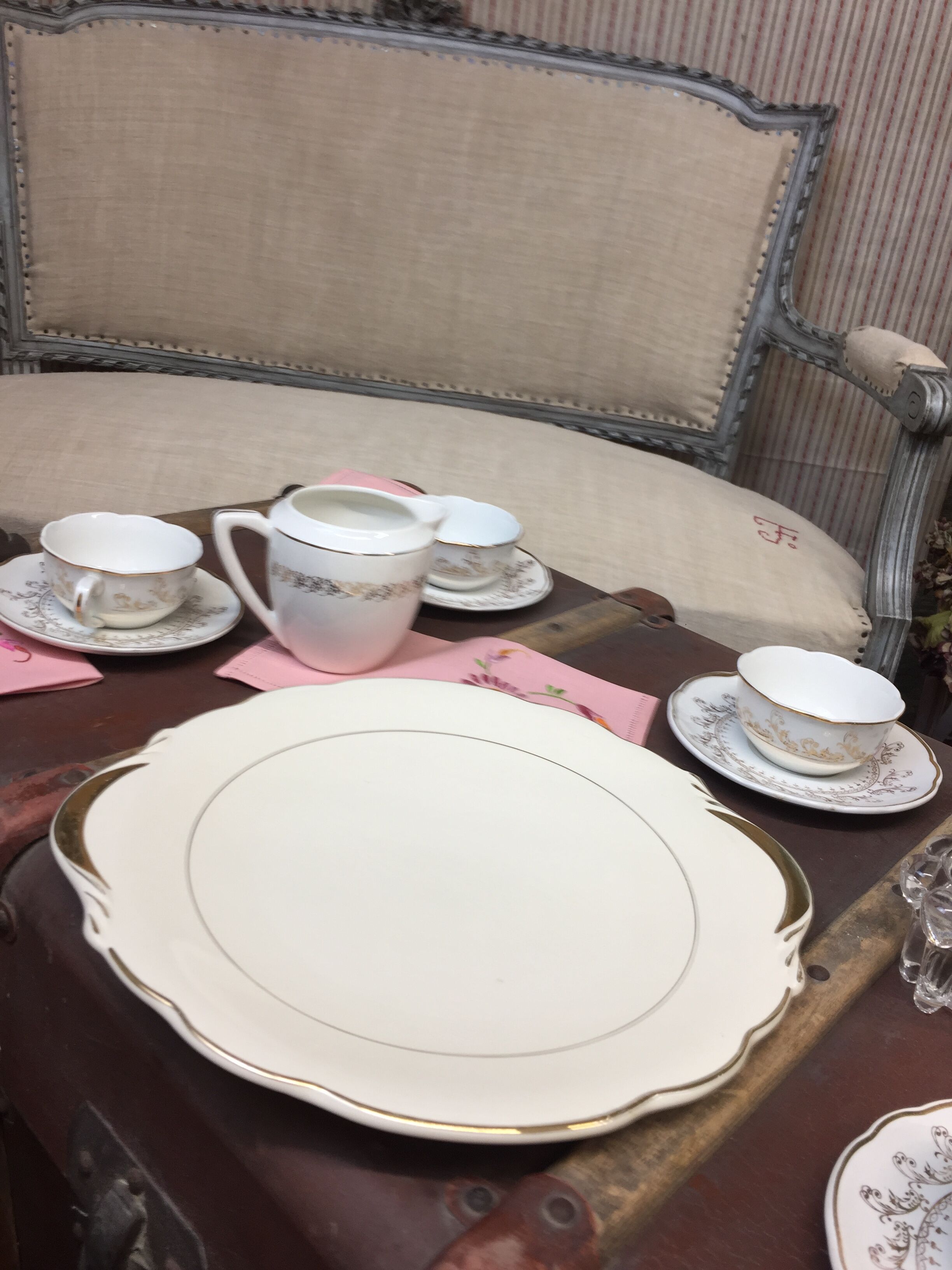 Antique round dish with handles, ivory and gold colored porcelain, made in France Sarreguemines Digoin