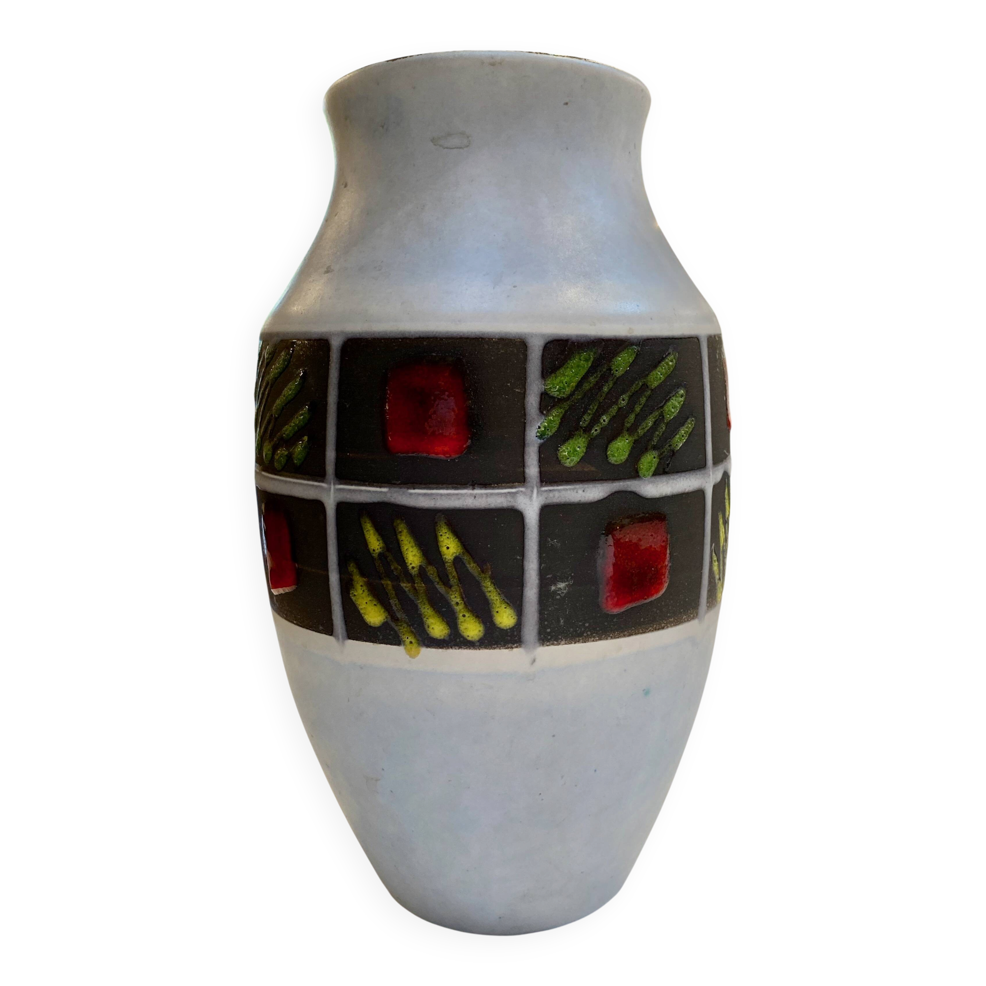 Vintage West Germany Vase – White Ceramic & Multicoloured Graphic Frieze