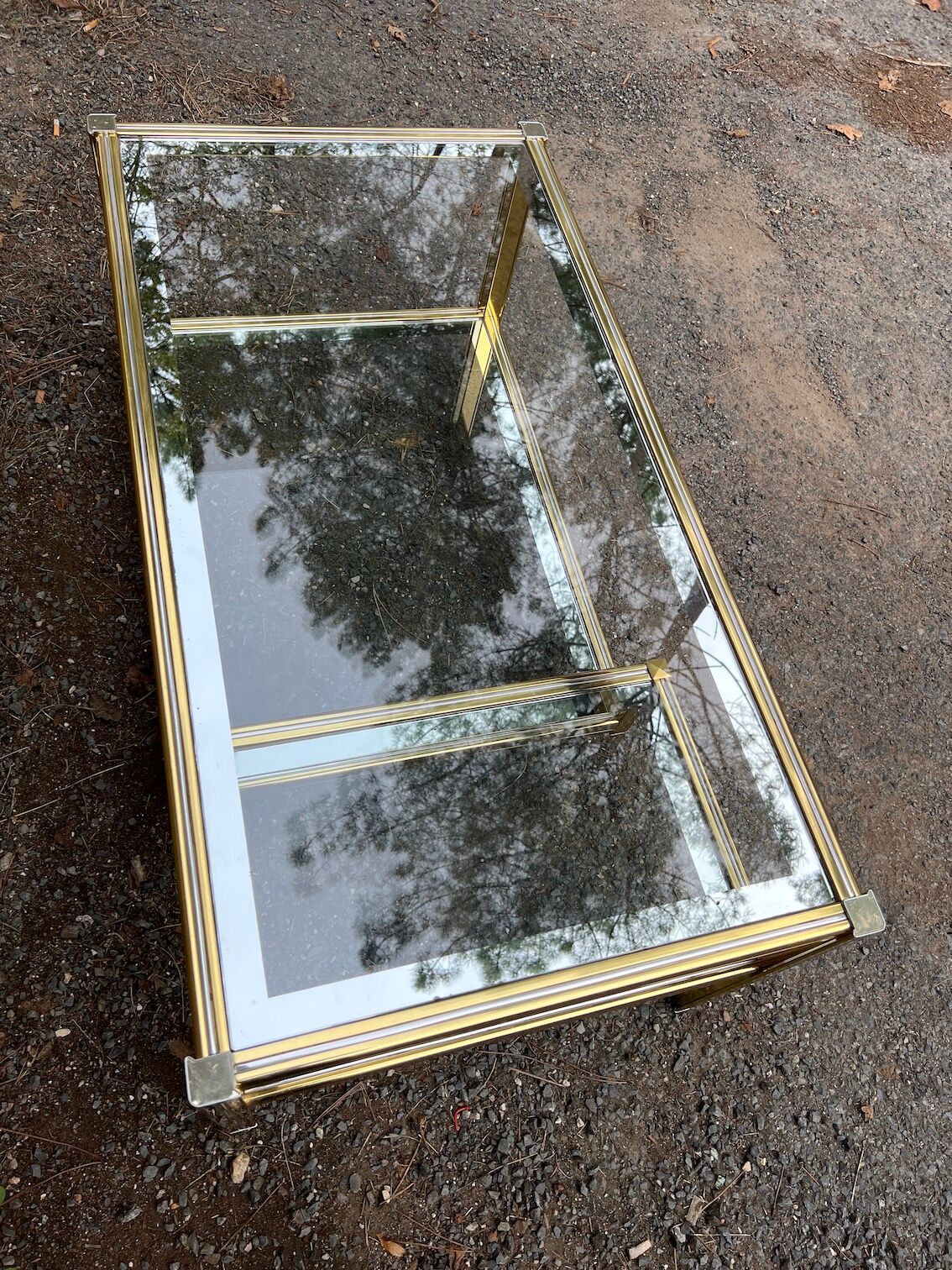 2-level coffee table Roche Bobois Hollywood Regency style brass and glass 70s