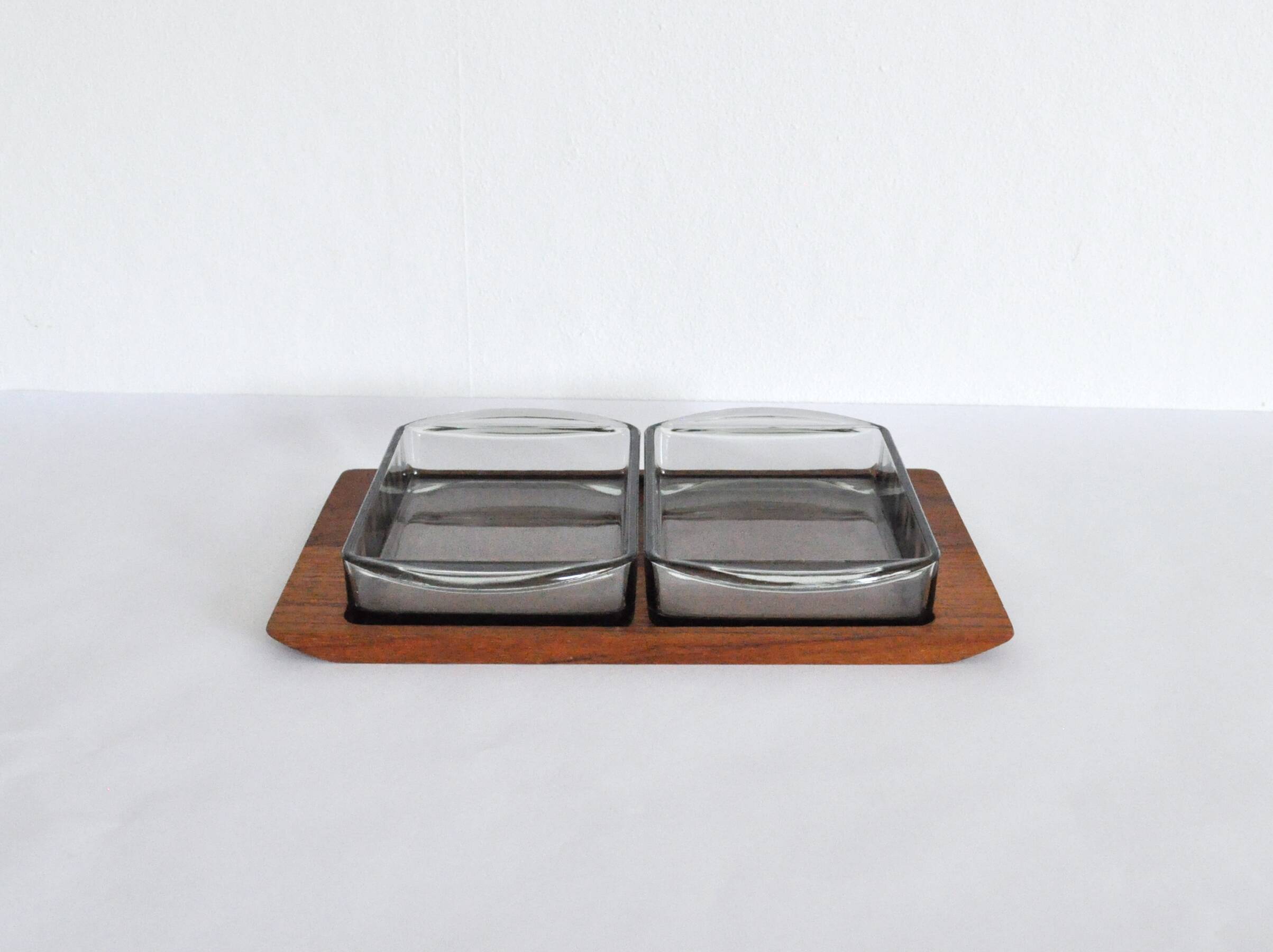 Danish Modern Teak Serving Tray with Glass Bowls by Wiggers, Denmark, 1960s