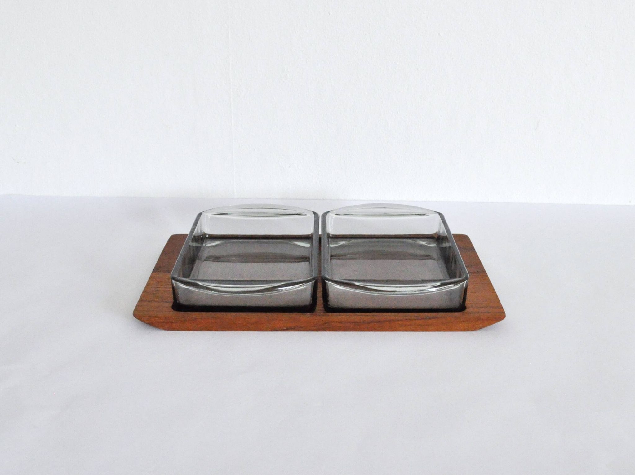Danish Modern Teak Serving Tray with Glass Bowls by Wiggers, Denmark, 1960s