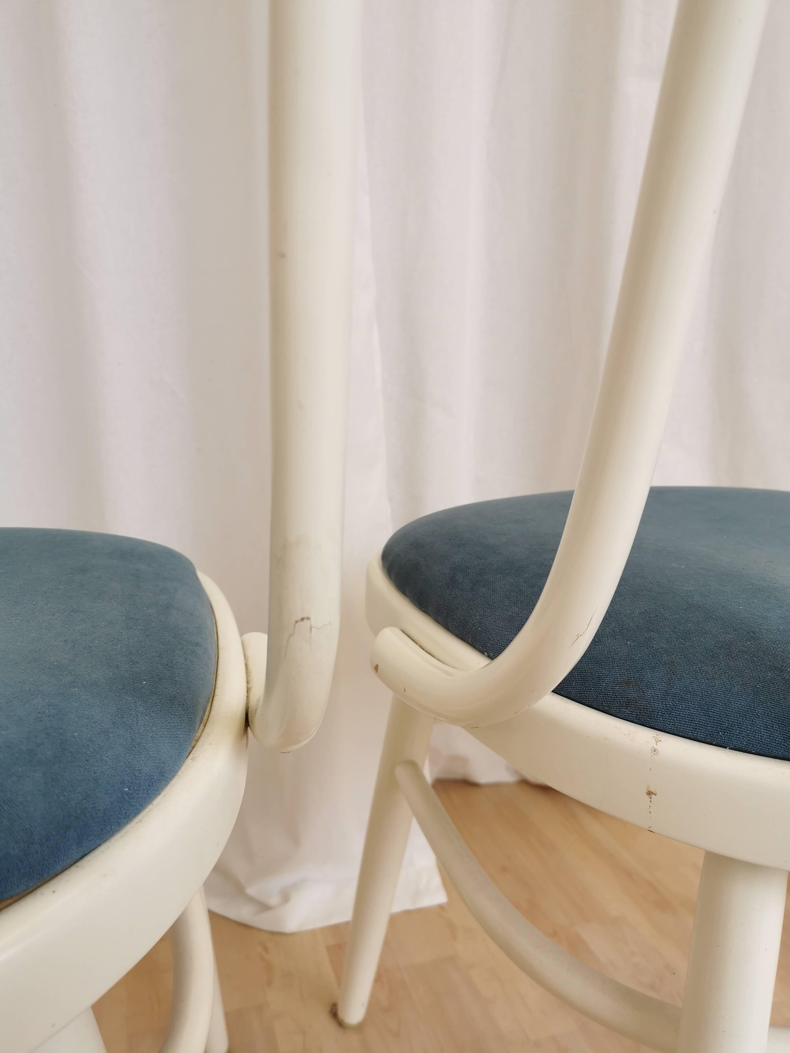 Set of 4 Vintage Bentwood White Dining Chairs in Ligna Style wit Blue Seat