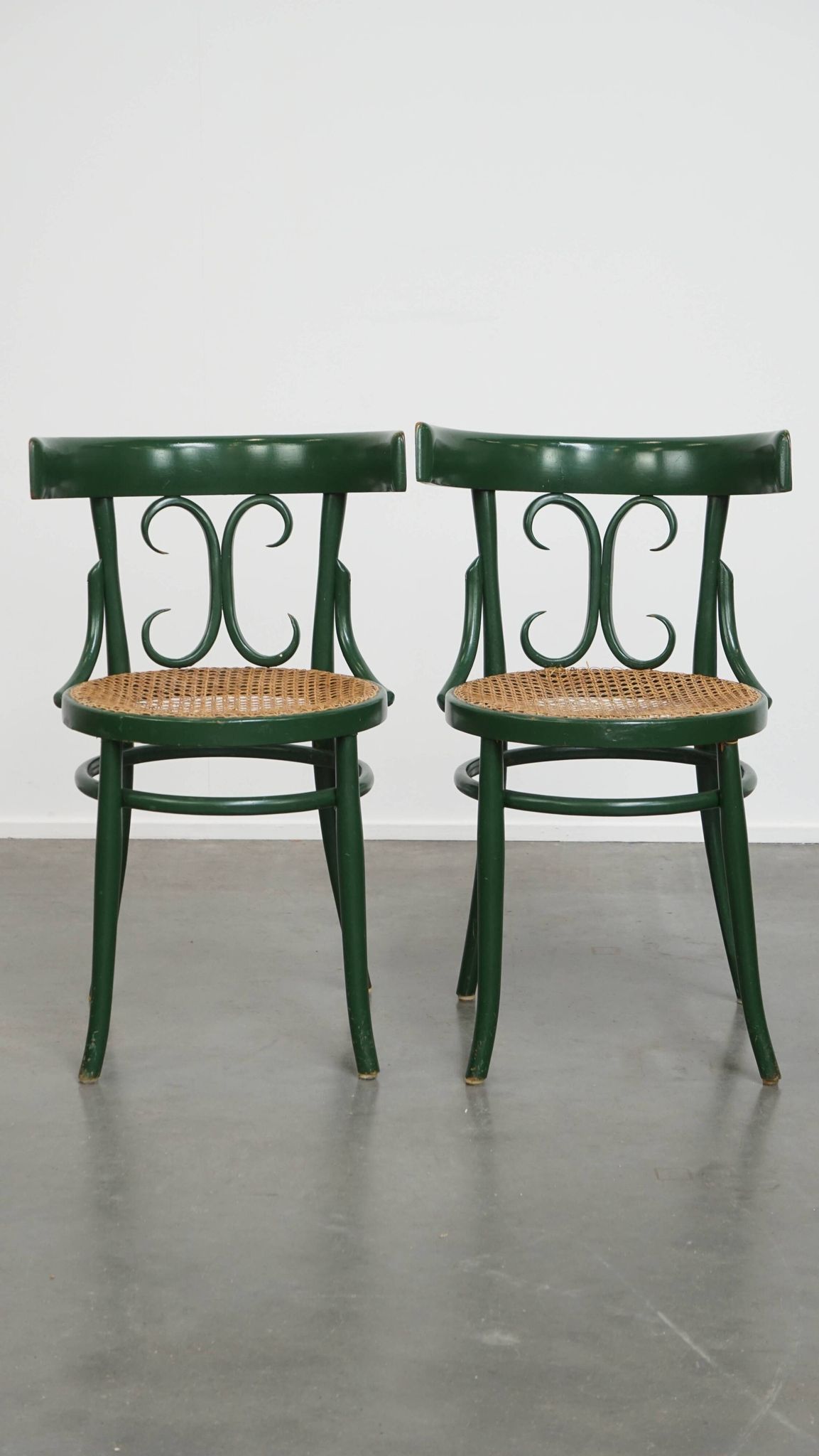 Set of 4 Green Vintage Bistro Chairs with Woven Rattan Seats