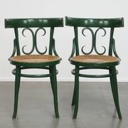Set of 4 Green Vintage Bistro Chairs with Woven Rattan Seats