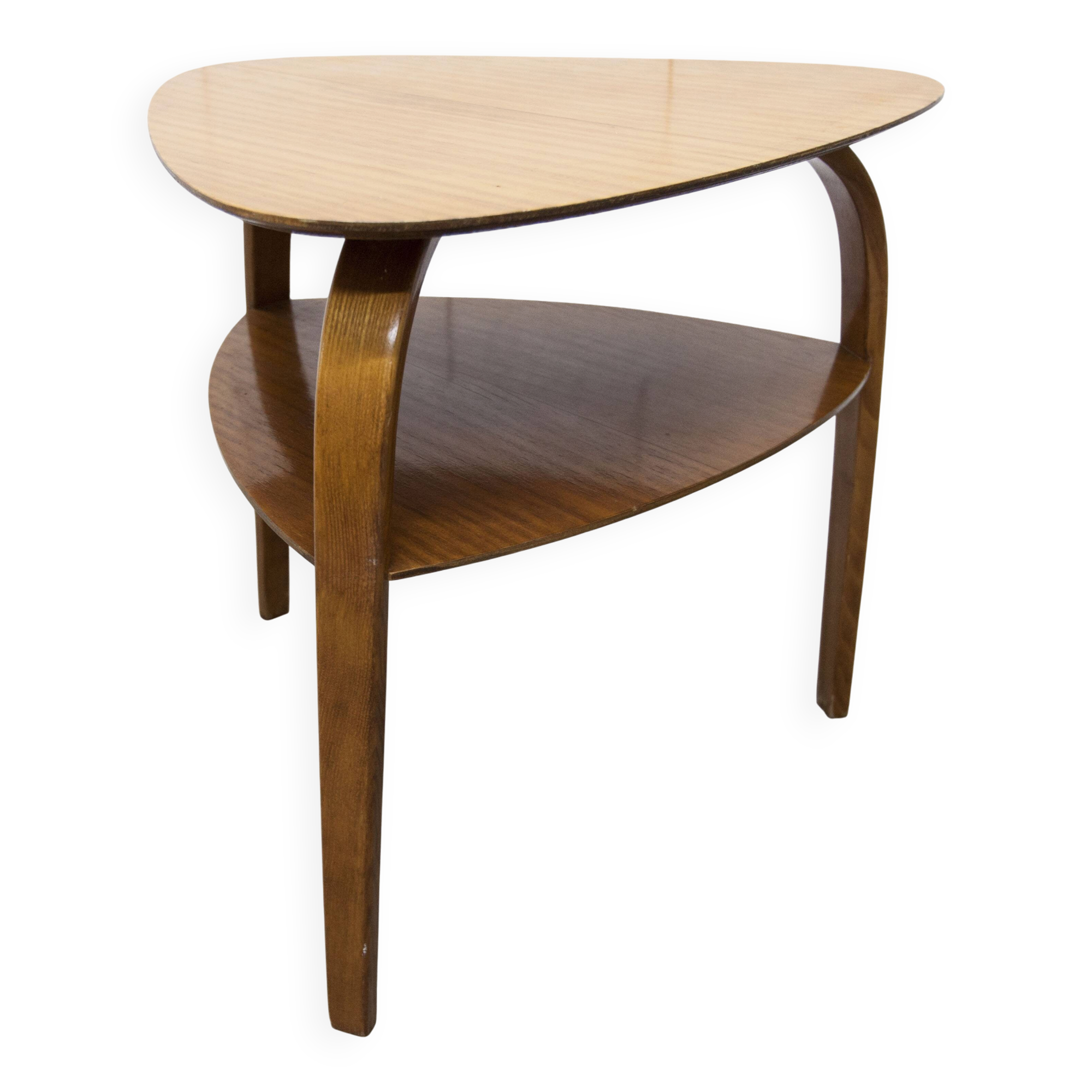 Guéridon / table basse tripode Bow Wood dessin Steiner pour Baumann 1960