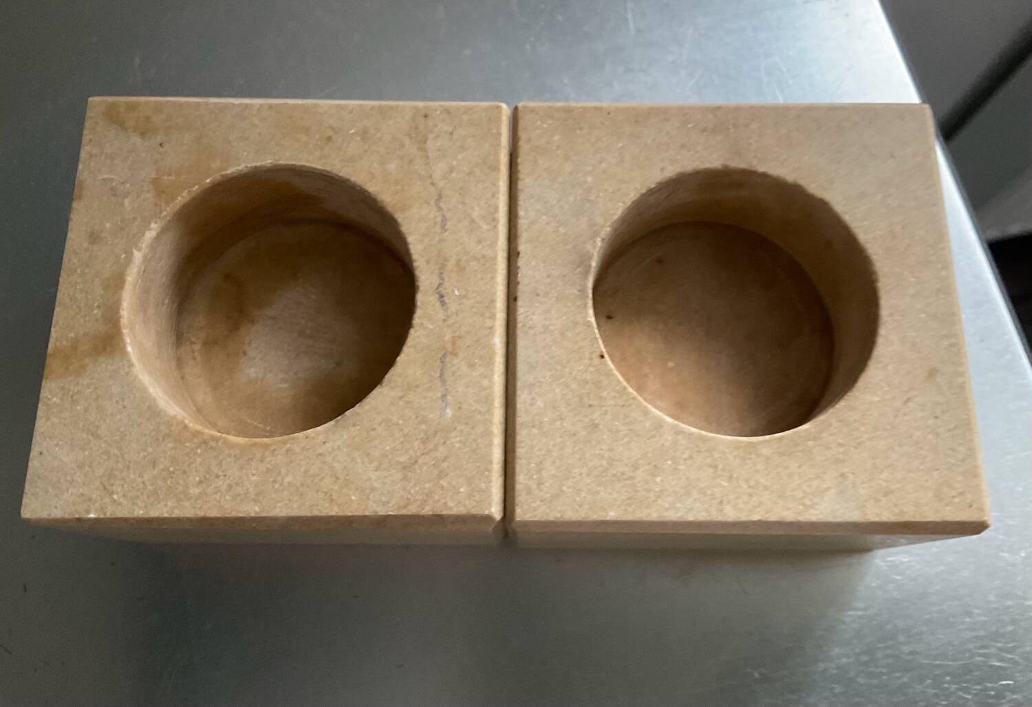 Pair of vintage travertine cube candlesticks from the 70s