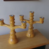 Set of 2 three-armed wooden candlesticks