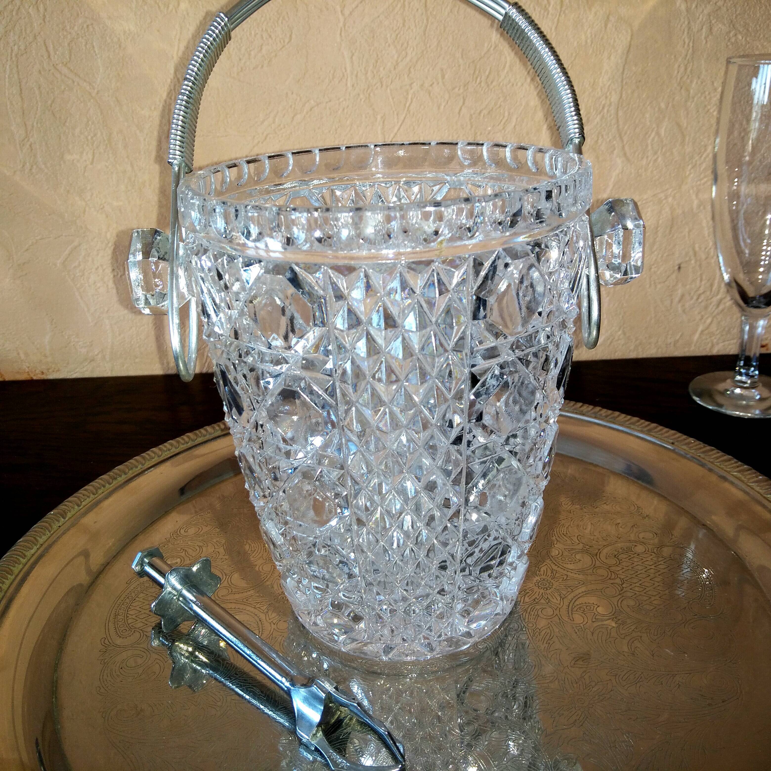 Diamond cut crystal ice bucket with ice tongs