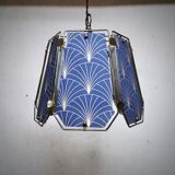 Table lamp, old turned wooden foot, metal lampshade and art deco print