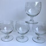 Set of 4 round crystal wine glasses engraved 50s