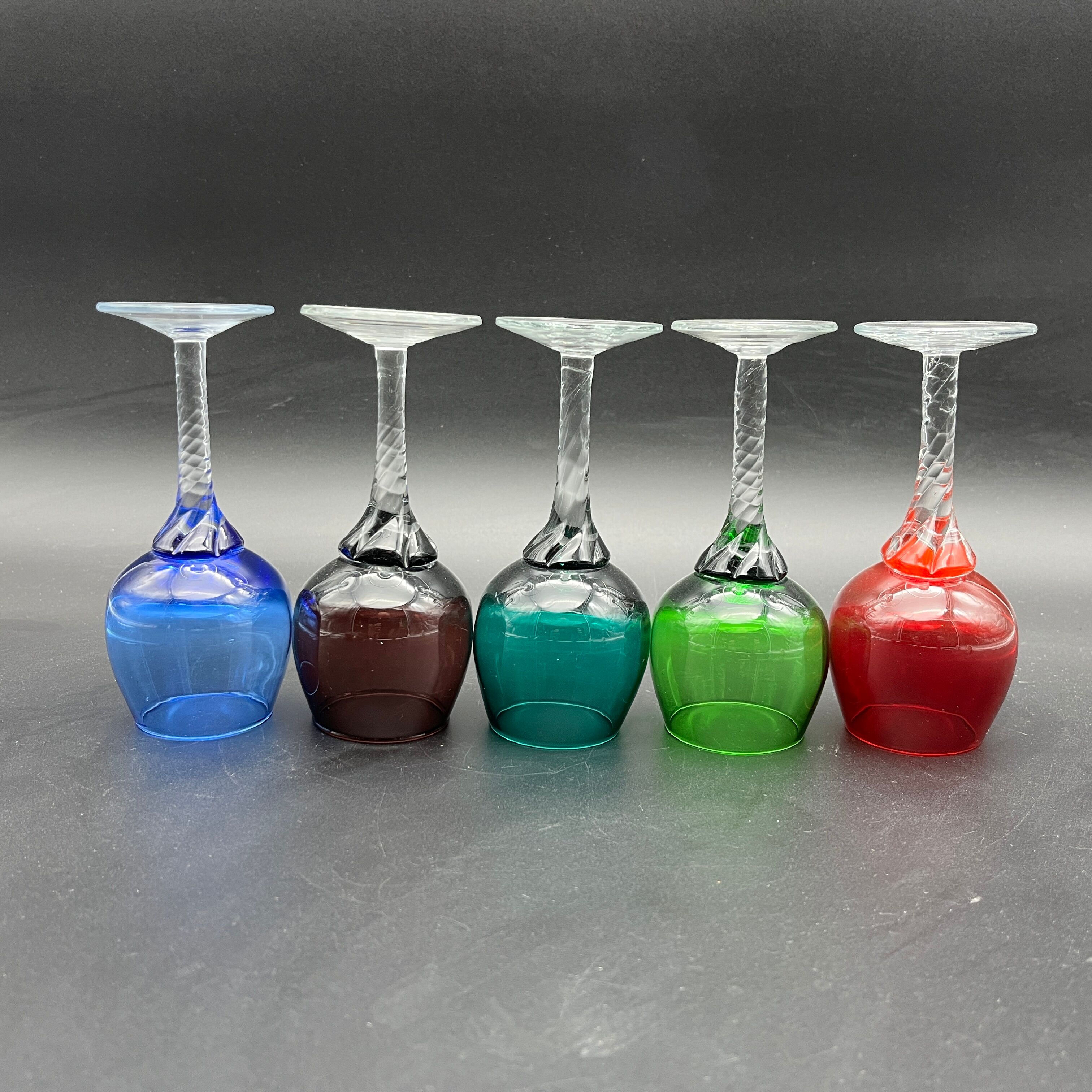 Set of 5 glasses with twisted foot blown glass multicolored Murano