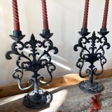 Black cast iron candlesticks, early 20th century, Neo-Rococo