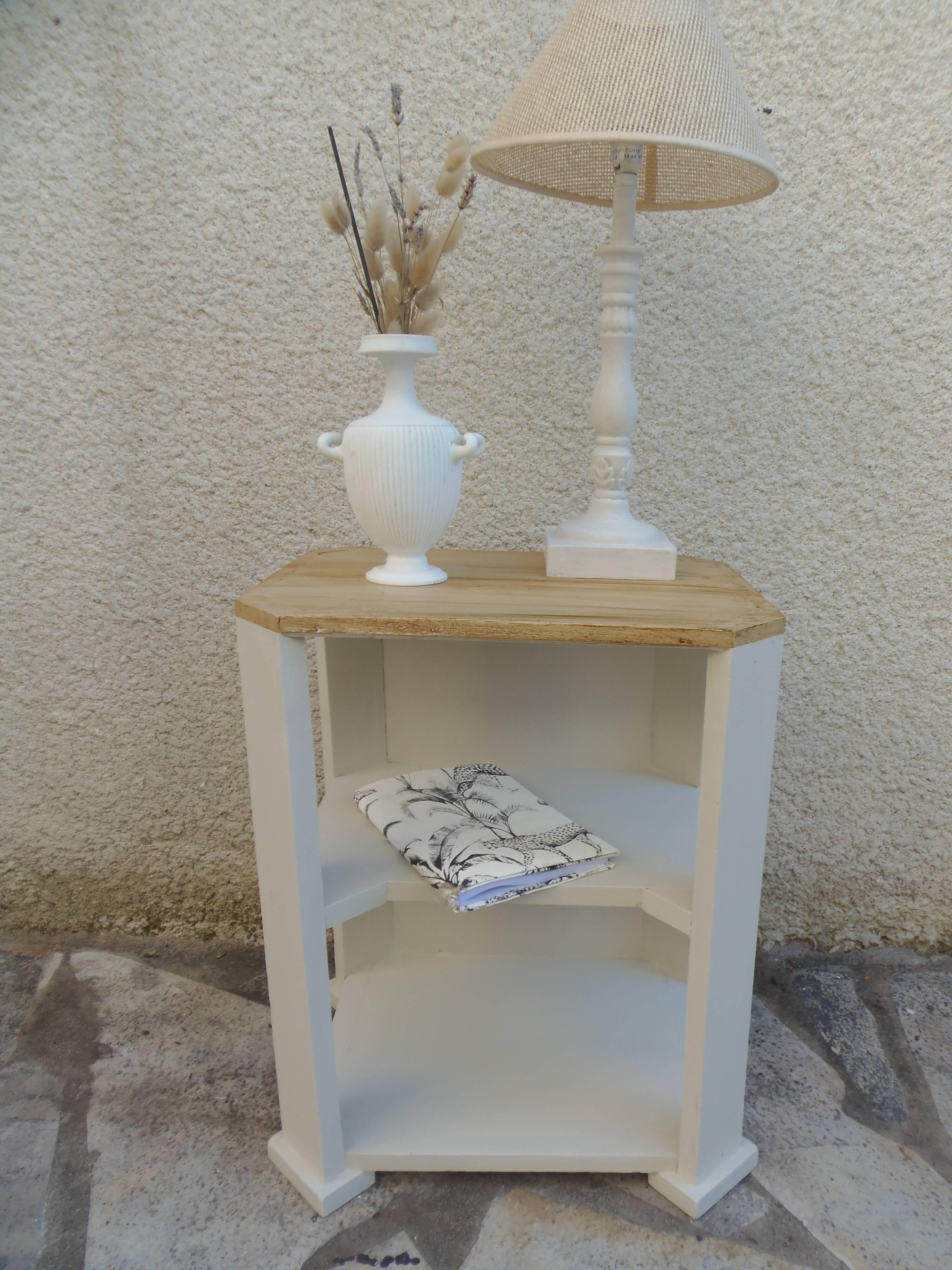 Vintage side table reimagined in beige, wooden tops.