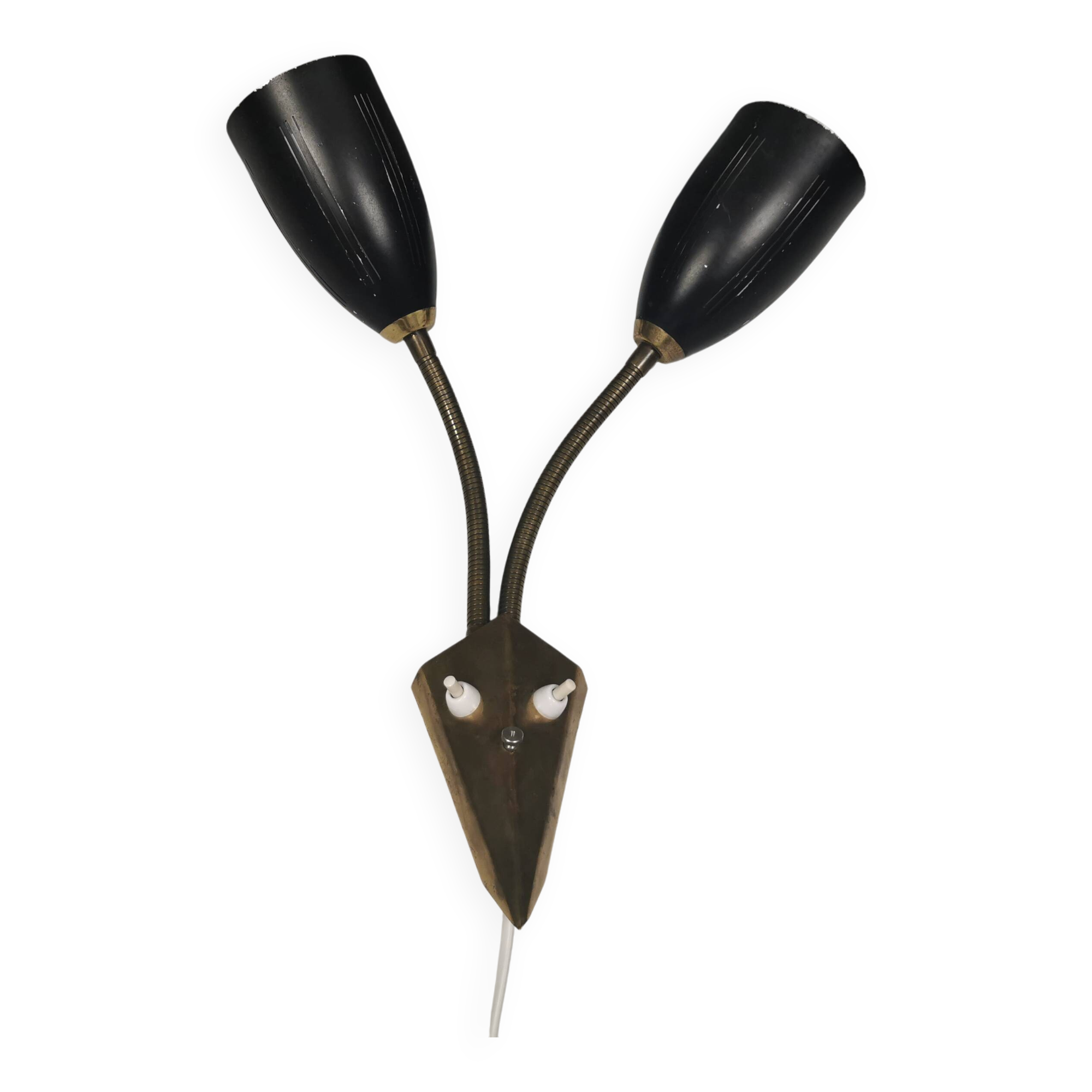 Older wall lamp with black metal shades and brass bend ‘arms’