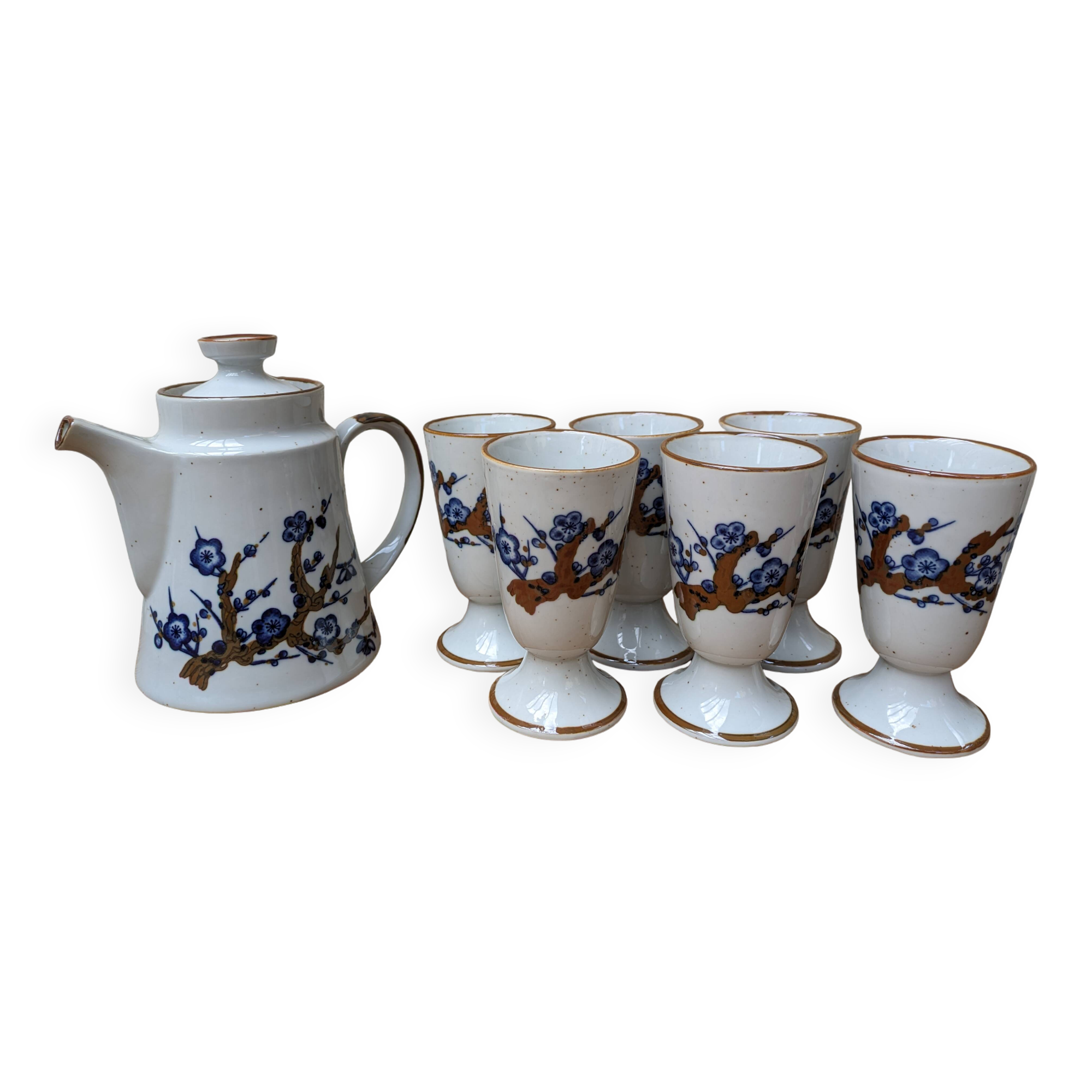 Old coffee service with 6 mazagrans and coffee pot with blue floral decoration