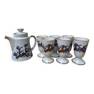 Ancien service à café avec 6 mazagrans et cafetière décor floral bleu