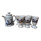 Old coffee service with 6 mazagrans and coffee pot with blue floral decoration