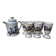 Old coffee service with 6 mazagrans and coffee pot with blue floral decoration