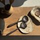 Pair of salad servers or kitchen utensils in blackened teak L30 D9
