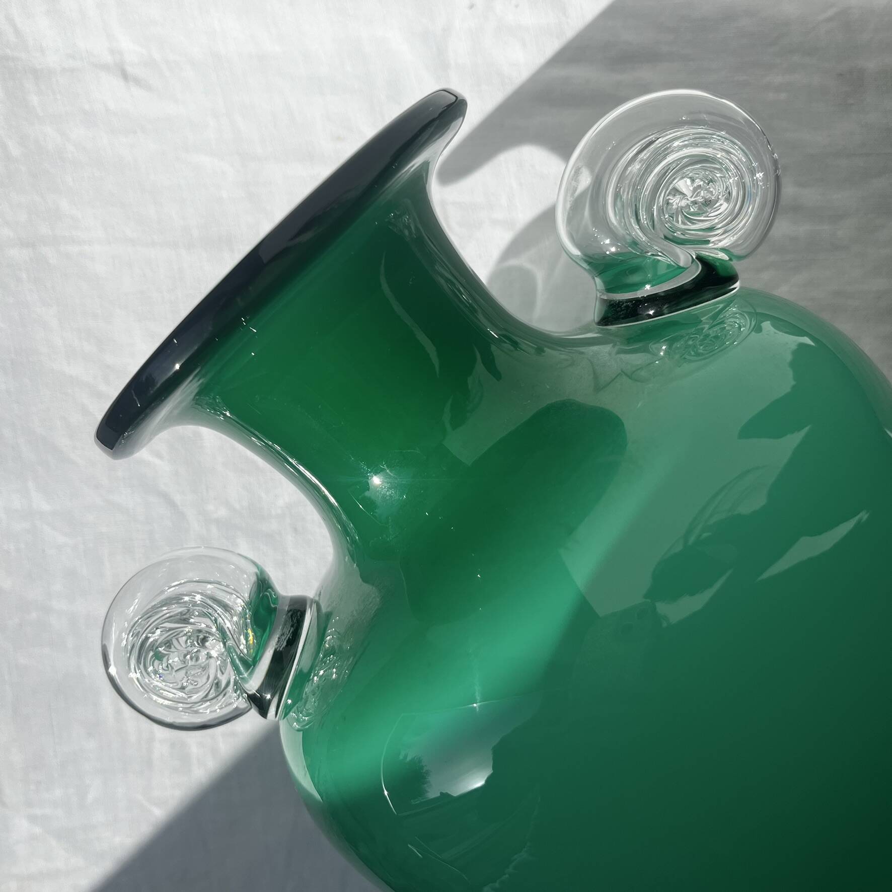 Green glass vase with a blown glass handle, Art Deco.