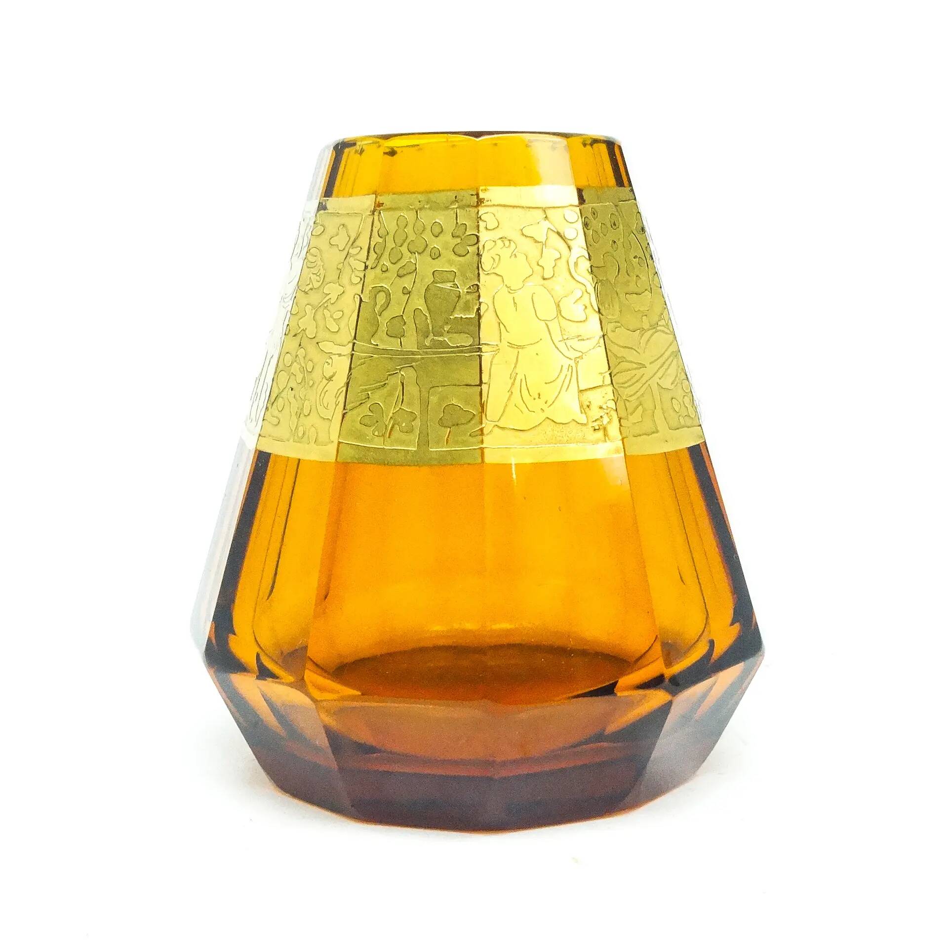 Art Deco vase, honey glass, oroplastic, Czechoslovakia, 1930s
