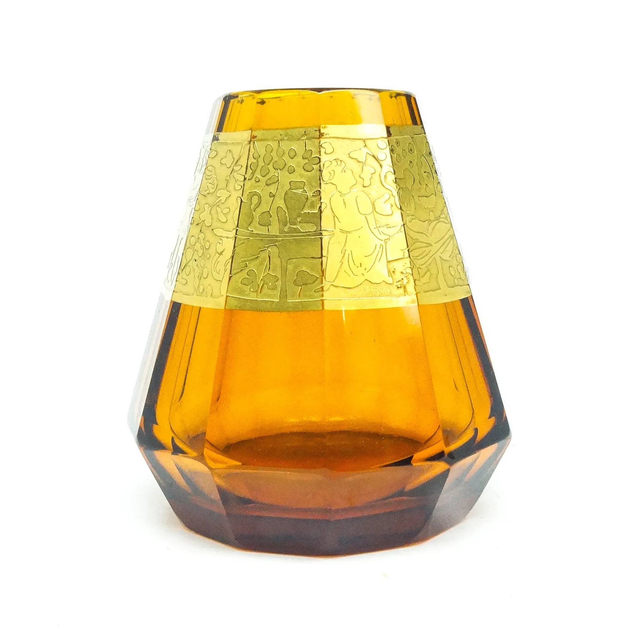 Art Deco vase, honey glass, oroplastic, Czechoslovakia, 1930s