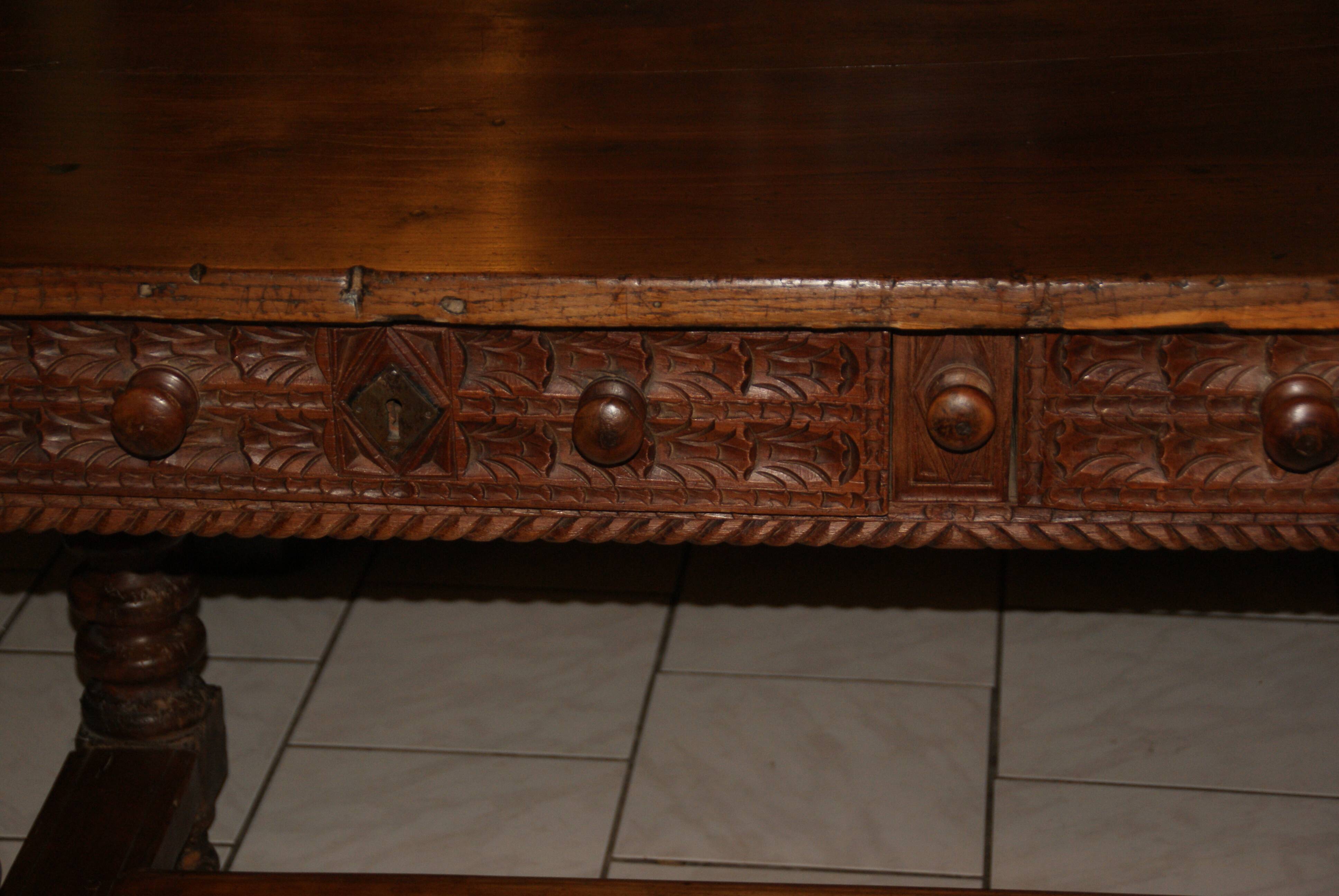 SAVOYARD CHALET TABLE, carved, with two drawers, late 18th century