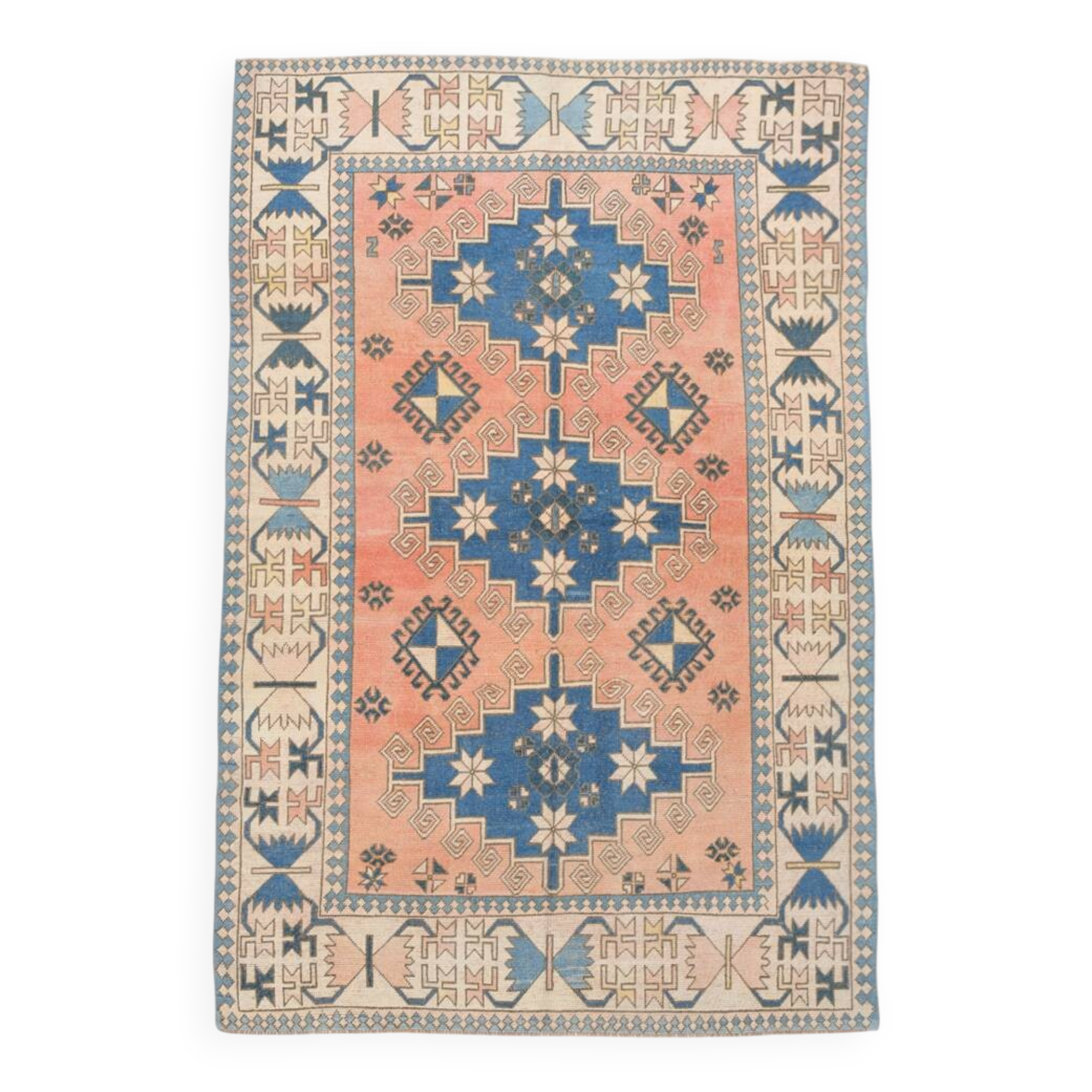 6x10 Salmon & Blue Comtemporary Vintage Rug, 194x297Cm