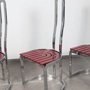 Postmodern chairs in chromed steel and red wood, set of 4, 1980s