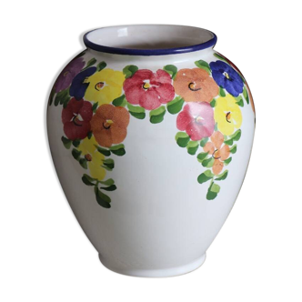 Vase fleuri en céramique peinte vintage