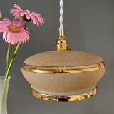 Suspension abat-jour vintage en verre granité jaune et doré