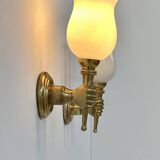Pair of vintage wall lights, Maison Jansen, brass and opaline, France, 1960.