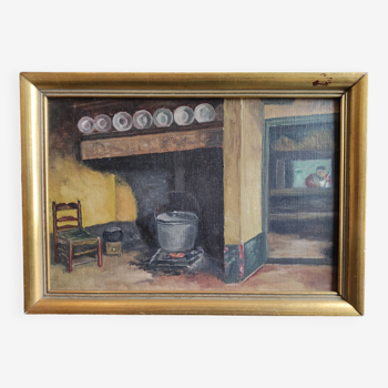 Vintage French oil painting with the interior of a traditional kitchen