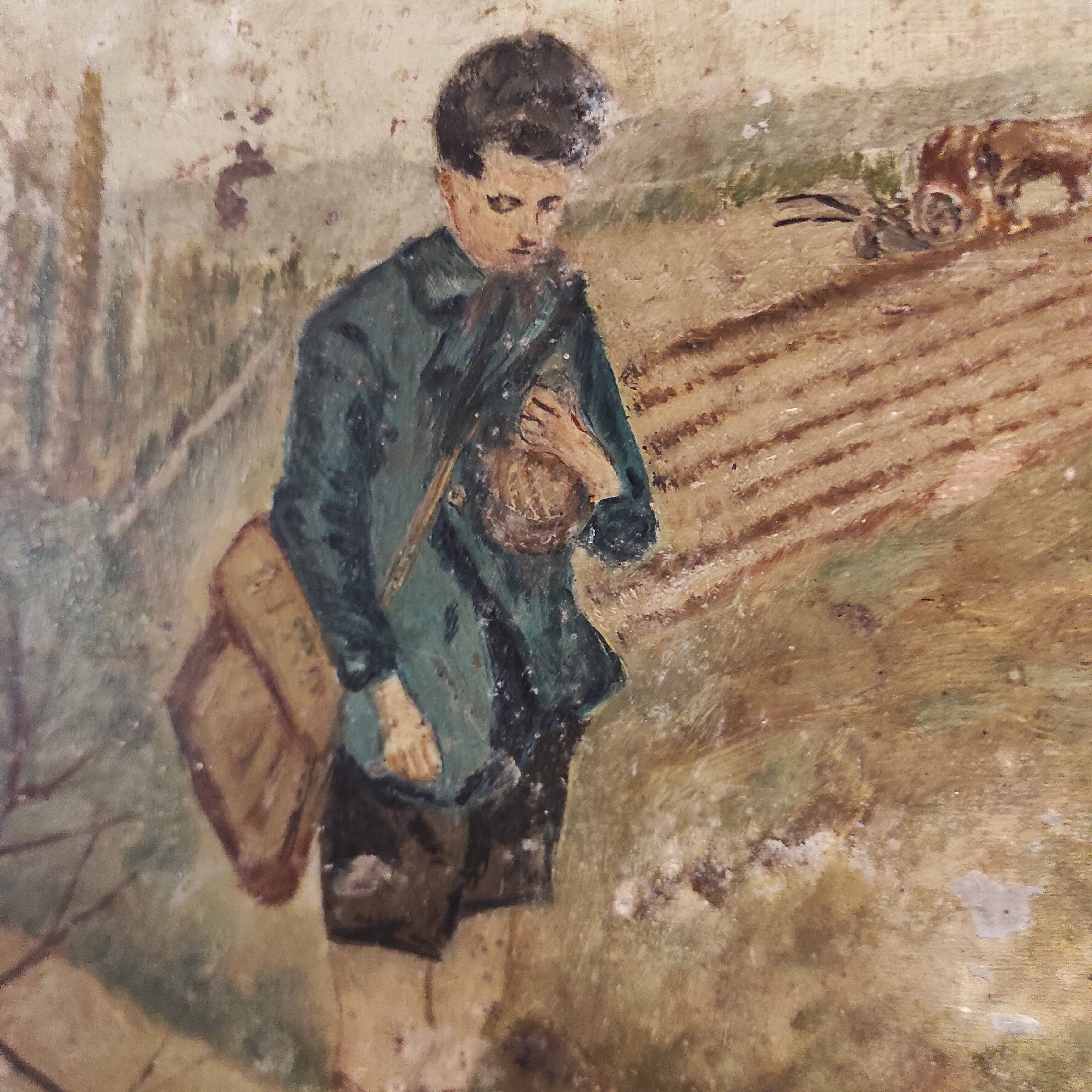 French vintage oil painting, L'Angelus des ecoliers, signed D. Ladrens