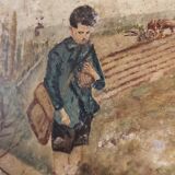 French vintage oil painting, L'Angelus des ecoliers, signed D. Ladrens