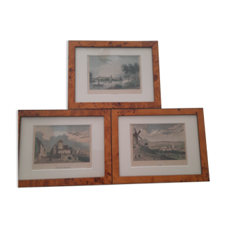 Series of 3 framed engravings - Watercolors by hand.