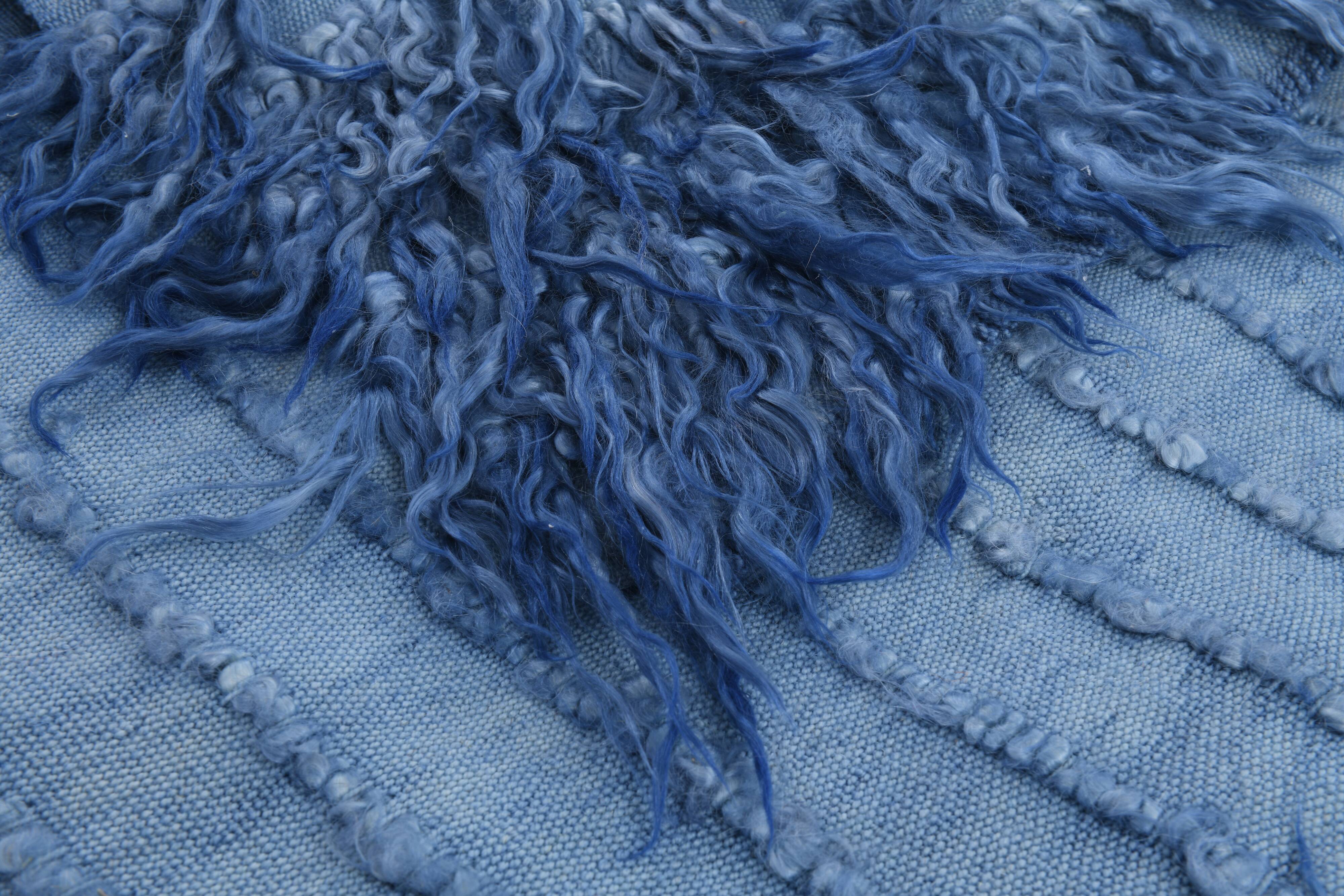 4x9 handmade wool blue vintage rug, 122x266cm