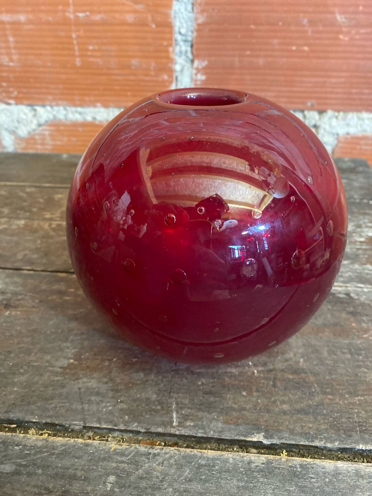 Vintage 1970s Murano Red Bubble Glass Ball Vase Soliflore