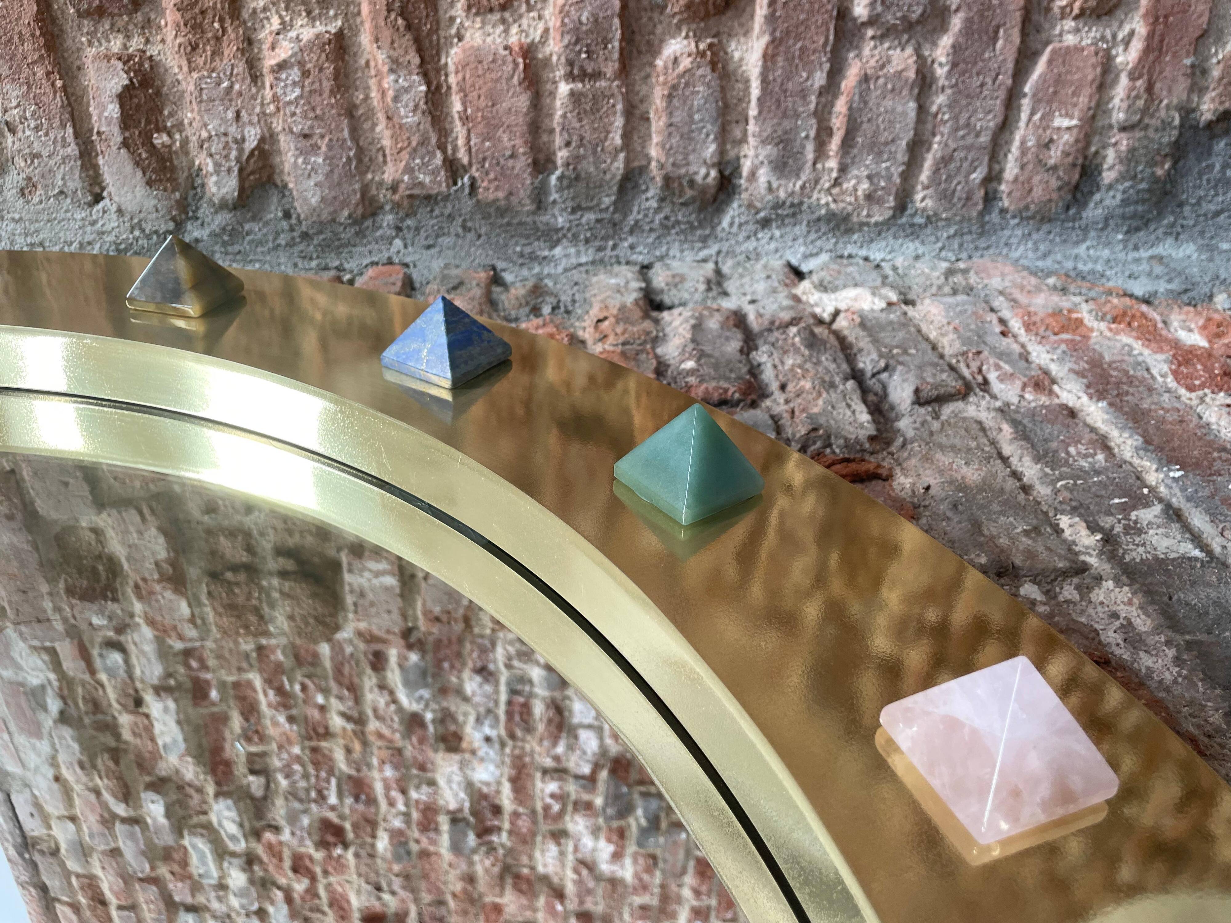 Modern Circular Mirror with Brass Frame and Semi-Precious Stone