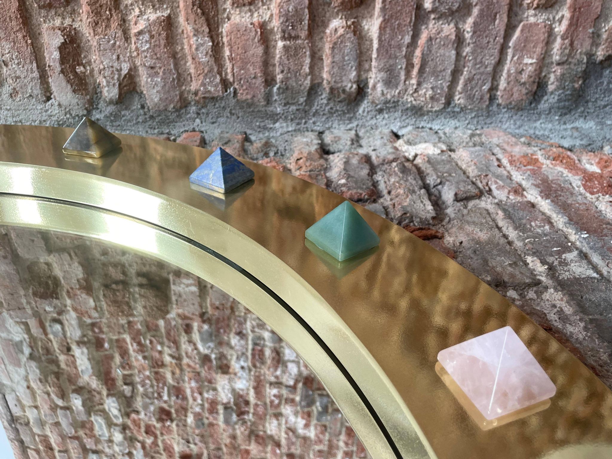 Modern Circular Mirror with Brass Frame and Semi-Precious Stone