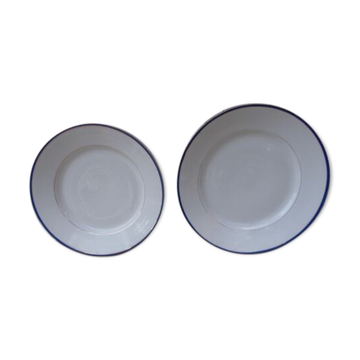 2 round dishes Limoges porcelain blue and gold border