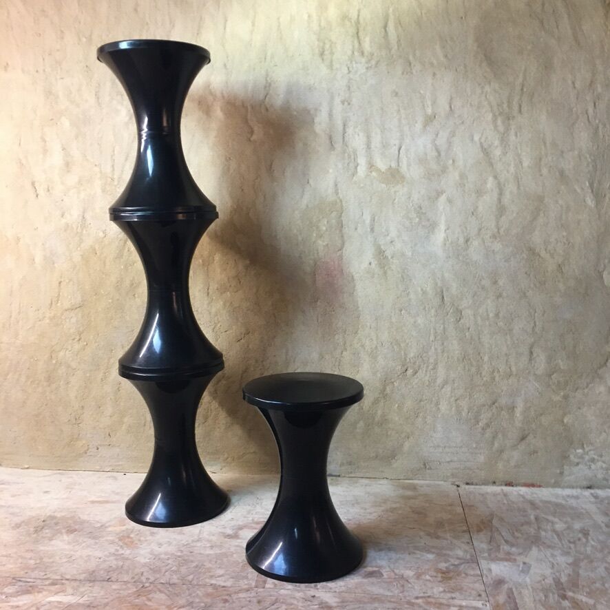 4 Original Black Tam Tam Stools by Henry Massonet