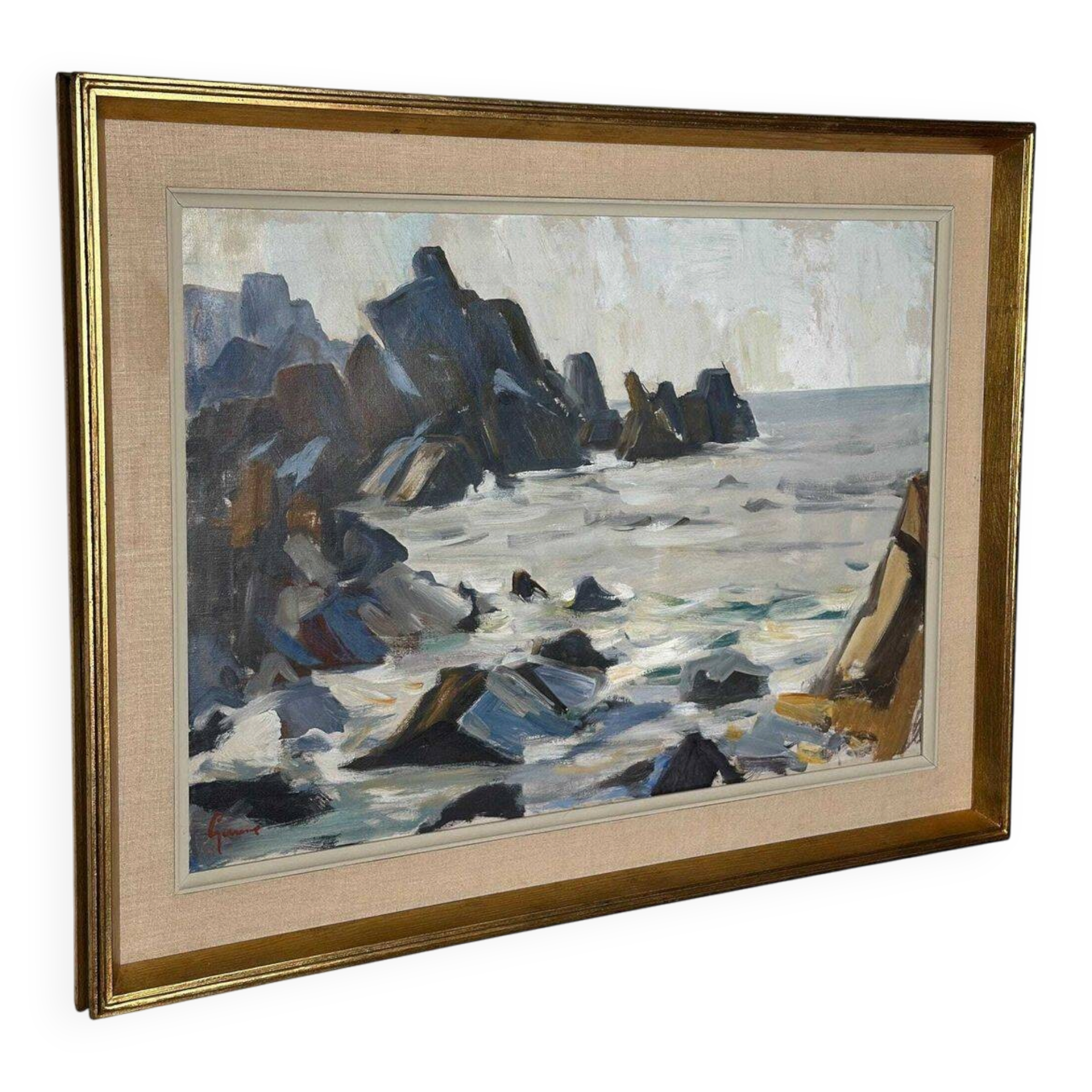 Original Mid Century Swedish Oil On Canvas – Coastal View, Grundsund By Carl Gunne – Vintage & Framed